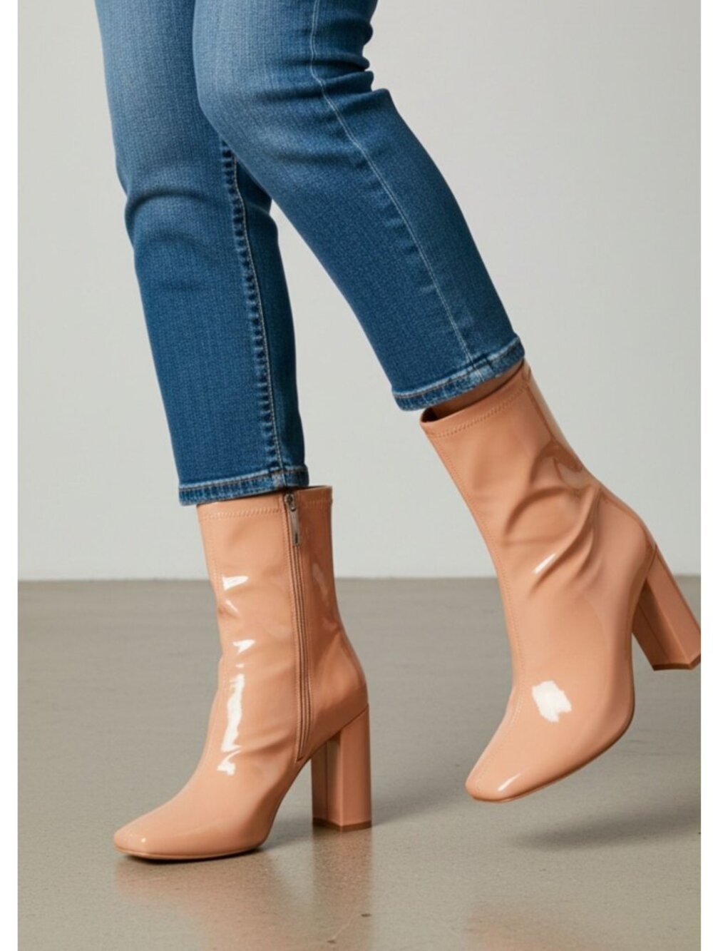 Patent Leather Nude Ankle Boots With Block Heels & Side Zipper Closure Womens